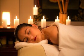 A picture of a woman relaxing in spa, lying on her stomach with her eyes closed with candles on the other side of her.